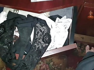 My 50yo mommy&#039;s black lace thongs marked by step son&#039;s precum 