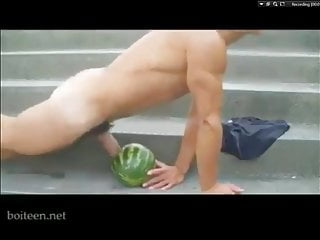 Big Fat cock muscle hunk fucks watermelon