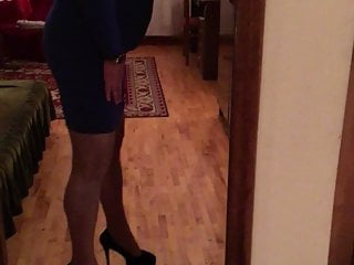 Sissy, blue dress, hells and pantyhose