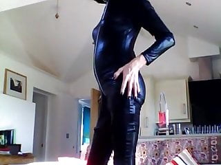 Playing with myself in black PVC cat suit.