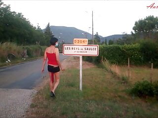 Flashing exhib on the road to Les Reys, anal tail plugged