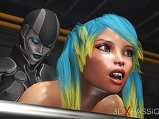 Sci-fi female android fucks girl with strapon in a spaceship