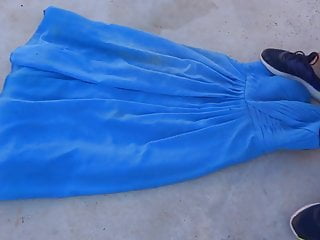 piss on blue dress