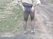 Outside in heels tight shorts and tights 