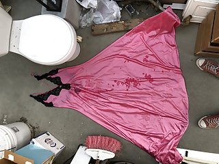 Friends Pink Nylon Nightgown Cumshot over a Dirty Toilet