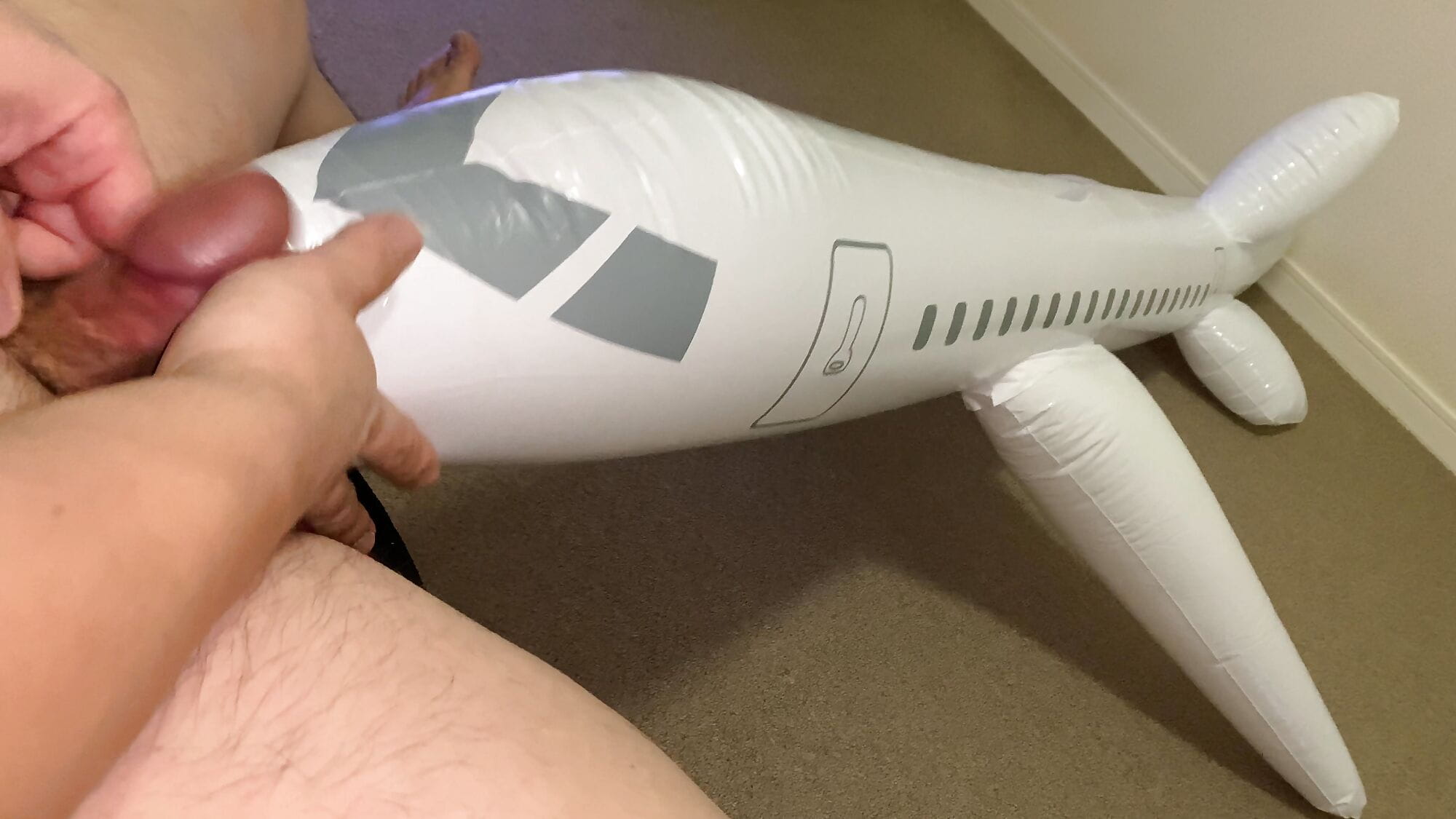 Small Penis Humping, Rubbing And Shooting A Load On An Inflatable Airplane - Airplane Blowjob