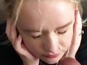 Blonde girl gets her face covered in cum