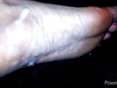 WifeMelly 1 nylon stocking 1 bare. cummy feet, leg & sole