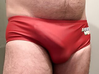 Creaming a red speedo...