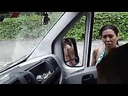 Dude wank at T-girls on car