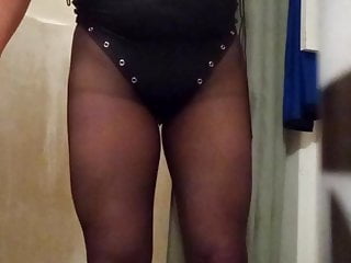 Black Leather One Piece And Pantyhose