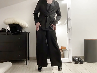 Satin Silk Jumpsuit And Blazer Jacket On Sissy Tranny Slut