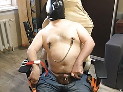 Disabled man Self-bondage breathplay and Electric torture