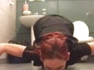 Licking Milf Redhead video: Mature Fuckpig licks public toilet floor clean