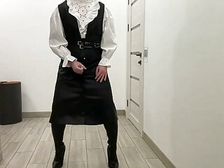 Leather dress, overknee stiletto boots sissy...
