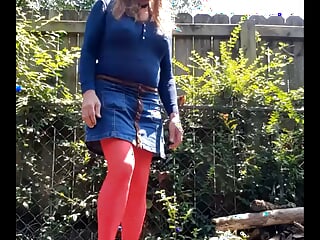 Crossdressed outdoors in a new outfit. Feeling my nylon self all over.