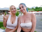 Two busty amateur models give a dildo show