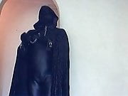 Catsuit, gloves, cape, spandex hood, collar, leash, cuffs