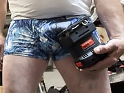 Wood Sander vibrates my his cock to orgasim