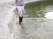 Walking in the lake soaking my brown riding boots