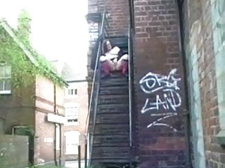 Masturbation and orgasm on public stair...