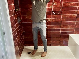 Barefoot in Jeans Pissing Myself and Showing Dick and Ball