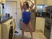 Wife with Big Breasts Dancing in Tight Blue Swimsuit