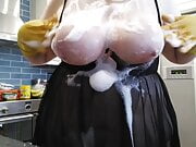 Wet bubbly tit play in rubber gloves