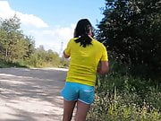Russian sissy faggot walking outdoor in blu shorts