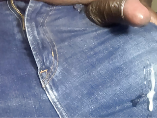 Jerking off cumming on denim pants...