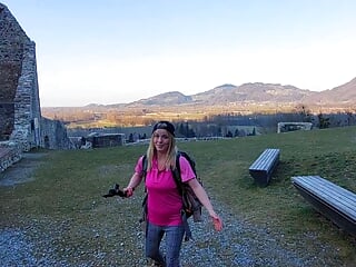 Caught! recognized by strangers while hiking in the mountains! Now I'm already fucking in a castle!