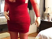 Deanna CD Doll in sexy short red dress with lots of cleavage