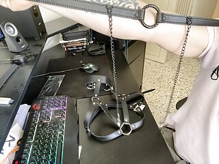 ring gag with nipple clamps and vibrating dildo