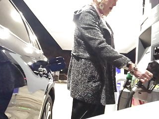 Cold Night At The Gas Station In Sexy Midi-Skirt And Boots
