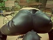 Mistress in leather jeans fucks with her slave