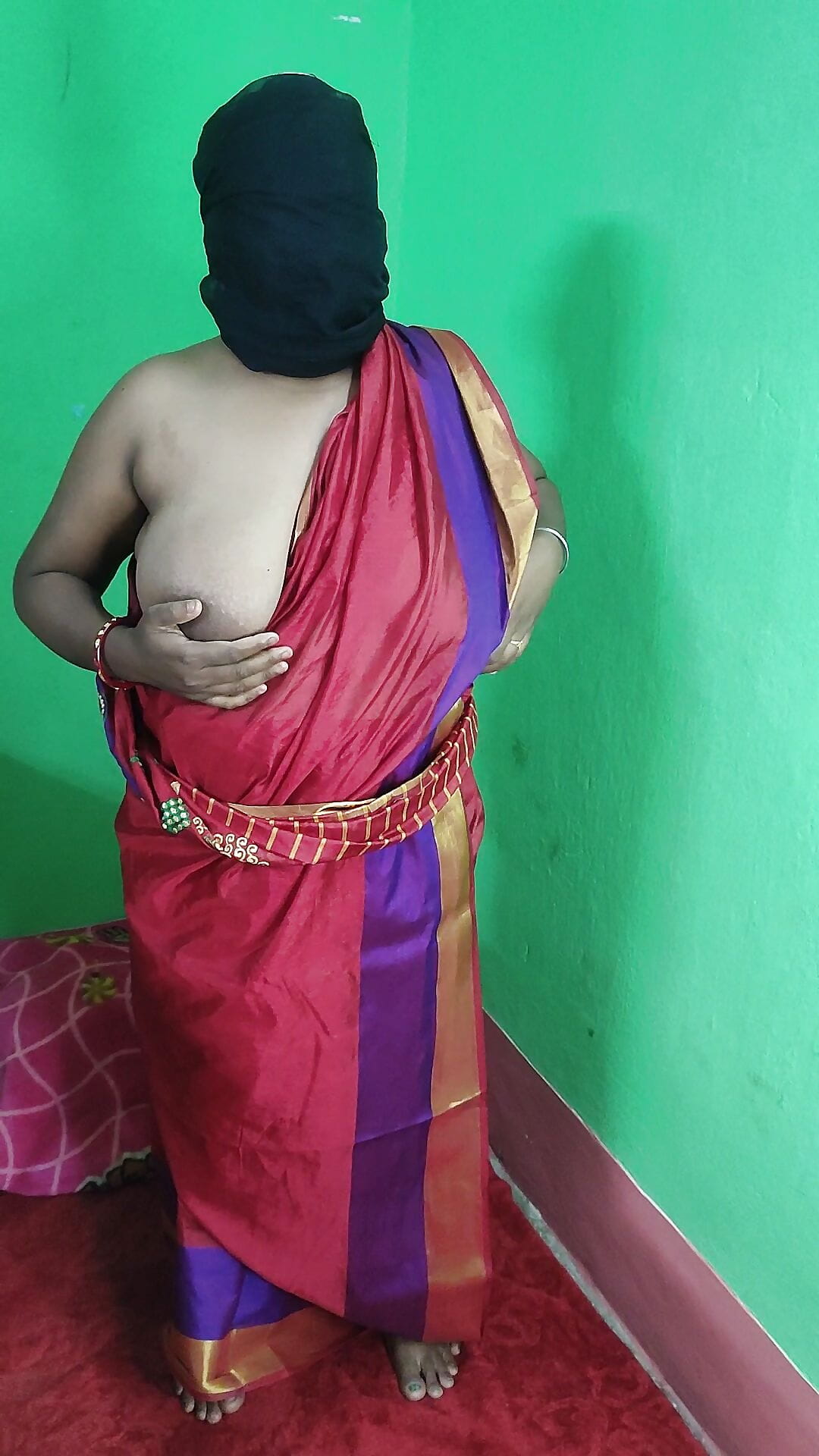 Desi hot aunty Strips in red sharee and fingering with three fingers