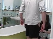 Naughty boy spanked in bathroom