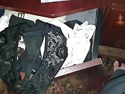 My 50yo mommy's black lace thongs marked by son's precum 